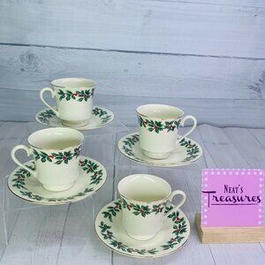 Formalities Baum Brothers HOLLY Red Berry Gold China Footed Cup Saucer Set of 4